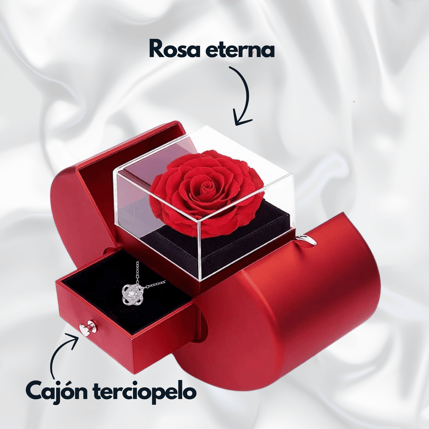 Caja Rosa Eterna + Regalo Colgante + Tarjeta Dedicatoria